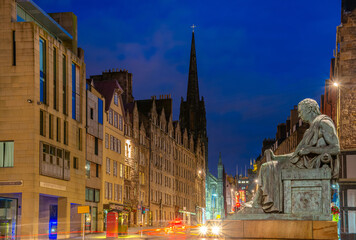 Street view of the historic Royal Mile at dusk twilight, Edinburgh, Scotland