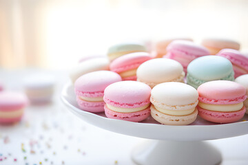 Fototapeta premium Pastel color of macaron in various position isolated on white background.GenerativeAI.