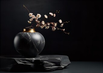 black vase with gold rim, with flower branch, black marble background in Japan style. Generative AI