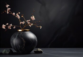 black vase with gold rim, with flower branch, black marble background in Japan style. Generative AI