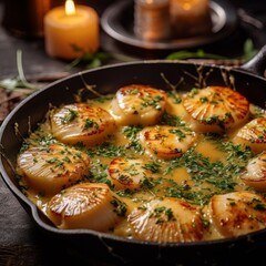 Coquilles Saint-Jacques served in a rustic skillet with a buttery sauce, surrounded by chopped parsley
