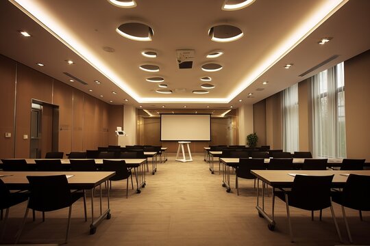 A professional and well-equipped conference seminar room featuring a microphone as its focal point.
