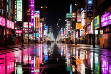 A captivating depiction of a city's rain-drenched streets at night, filled with bustling crowds, glowing neon signs, and the rhythmic sound of footsteps, capturing the dynamic and lively atmosphere of