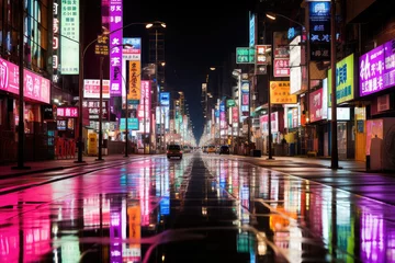 Foto op Plexiglas A captivating depiction of a city's rain-drenched streets at night, filled with bustling crowds, glowing neon signs, and the rhythmic sound of footsteps, capturing the dynamic and lively atmosphere of © Matthias
