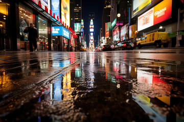 A captivating depiction of a city's rain-drenched streets at night, filled with bustling crowds, glowing neon signs, and the rhythmic sound of footsteps, capturing the dynamic and lively atmosphere of