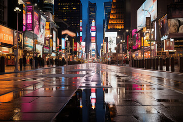A captivating depiction of a city's rain-drenched streets at night, filled with bustling crowds, glowing neon signs, and the rhythmic sound of footsteps, capturing the dynamic and lively atmosphere of