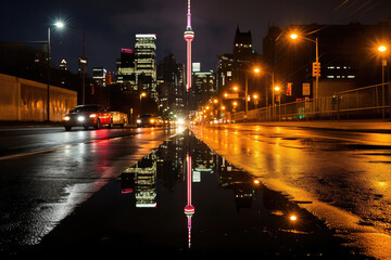 A stunning nightscape of a city, with rain cascading down and neon lights casting an ethereal glow, showcasing the urban beauty and captivating ambiance of a rainy night in the city