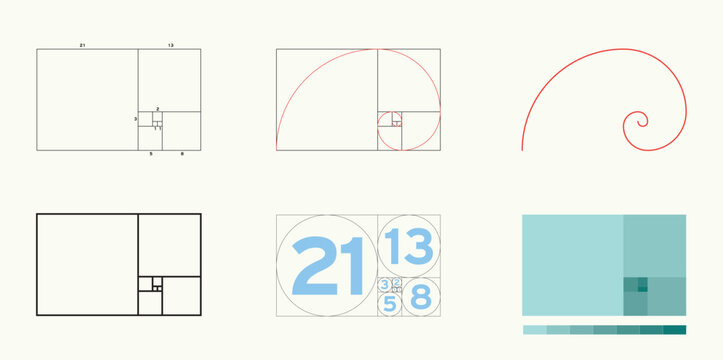 Fibonacci sequence. Golden ratio, Fibonacci spiral, traditional proportions vector icon.