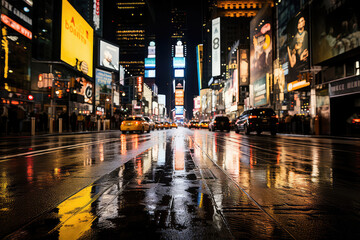 A dramatic portrayal of a bustling metropolis in the rain, with neon lights reflecting on the wet streets, emphasizing the juxtaposition of urban chaos and the soothing beauty of nature's elements