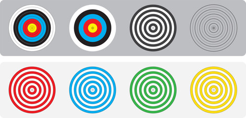 Amusement park target board. Archery target board. Bullseye dartboard isolated on white background. 