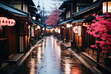 An oasis of tranquility amidst a city's rainy night, with softly lit streets, neon signs, and serene reflections, providing a peaceful sanctuary amid the hustle and bustle of urban life