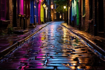 Papier Peint photo autocollant Prague A captivating depiction of a city's rain-soaked streets at night, with neon lights guiding the way, inviting viewers to embark on an exploration of hidden alleys, vibrant street art, and the city's hi