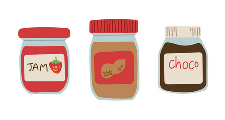 Jam, Peanut Butter and Chocolate 1 cute on a white background, vector illustration.