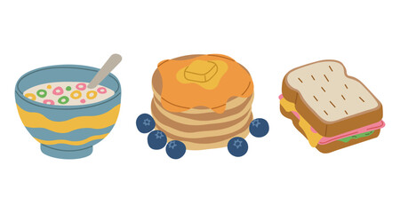 Breakfast 6 Cereal, Pancake and Sandwich cute on a white background, vector illustration.