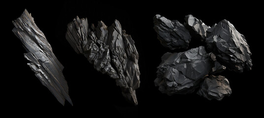 Flying black jagged stone set. Realistic broken slate rock boulder isolated. Ai generated damaged asteroid - obrazy, fototapety, plakaty