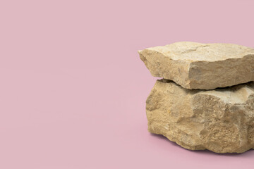 Stone podium for cosmetic product presentation. Abstract minimal backdrop. Two rock form. Pink Nude Studio Background. Scene to show. Showcase display case. 3D Front View. Trendy magenta color. Space