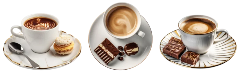 Fotobehang Set of three white coffee cups with desserts. Coffee white mug on a beautiful plate. Coffee with macarons, chocolate. Chocolate dessert. Beautiful breakfast. Isolated on a transparent background. KI. © Honey Bear