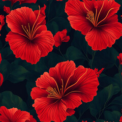 seamless pattern with red hibiscus  flower background. AI Generated.