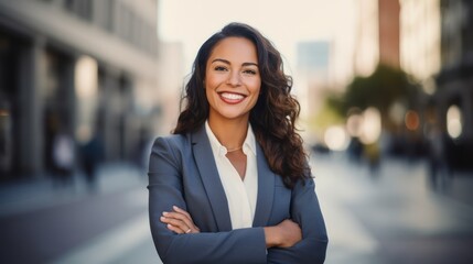 Young confident smiling business woman standing on busy street, portrait. Proud successful female entrepreneur wearing suit posing with arms crossed look at camera in big city outdoors. Generative  Ai
