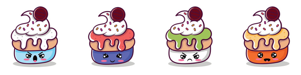 Set of cute pastry characters in trendy Kawaii style.Happy baked foods with doodle stars and hearts. Banner, card, poster design for bakery and cafe