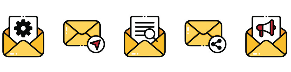 Set of envelopes icons with a picture of a closed letter. Paper document enclosed in an envelope. Delivery of correspondence or office documents. Vector illustration.