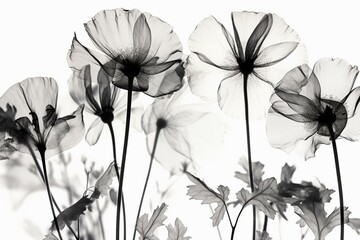 Flowers painted transparently in watercolors, isolated in black and white on a white backdrop, featuring an x-ray design. Generative AI