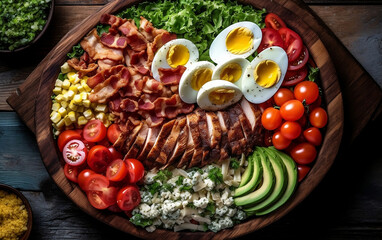 Top view of a plate of Cobb Salad with grilled chicken, chopped lettuce, avocado, bacon, blue cheese, tomatoes, and hard-boiled eggs. American dish.