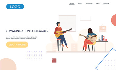 Website about communication of colleagues. Man and woman are playing guitar and singing in group. Musicians make melody together at home. People in duet communicate about making music and discuss