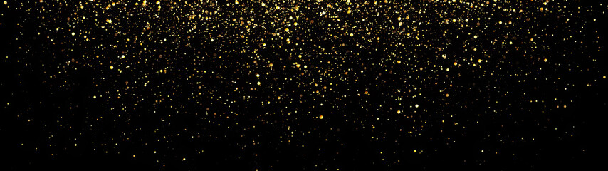 Banner gold particles abstract background with golden shining dust bokeh glitter awards. 
Futuristic glittering in space on black background
