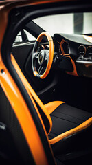 Modern orange supercar interior with the leather panel, sport seats, multimedia, and digital dashboard. View from the passenger seat to sports car cockpit wide angle