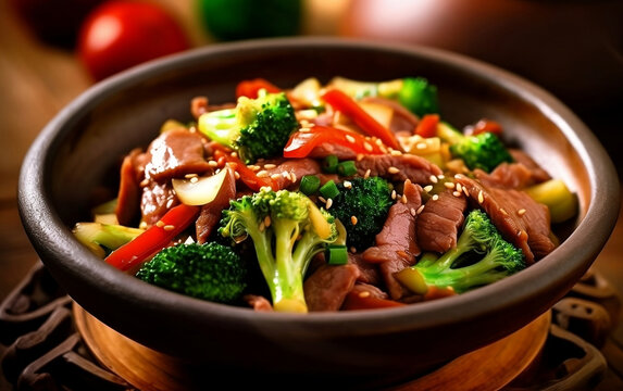 Stir-fried Chinese beef with sesame seeds, pepper, onions, and broccoli is presented on a black plate positioned on a wooden table featuring a hazy backdrop. An image for the menu.