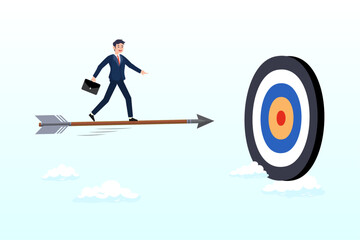 Confidence businessman on arrow bow aiming to hit target bullseye, aiming to hit business goal or target, skill or focus to achieve success, aspiration or performance, purpose or objective (Vector)