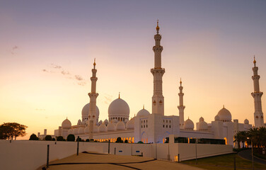 20 March 2023, Abu Dhabi, UAE: Sheikh Zayed Mosque largest mosque of UAE located in Abu Dhabi capital city of United Arab Emirates. The 3rd largest mosque in world. Beautiful photo in sunset light