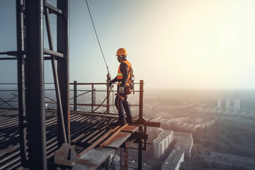 construction engineer worker at heights,architecture sci-fi construction working platform on top of building, suspended cables, fall protection and scaffolding installation.