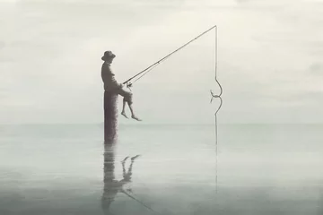 Fotobehang Illustration of man fishing himself, optical illusion surreal abstract identity concept © fran_kie