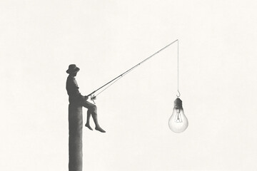 illustration of man fishing new ideas, creativity surreal concept - 624696545
