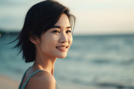 A beautiful Asian woman is standing on the beach and smiling. Photorealistic illustration of Generative AI.