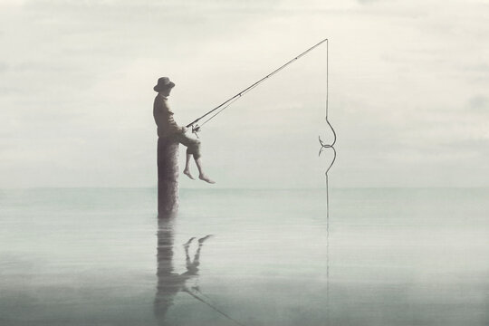 Fototapeta Illustration of man fishing himself, optical illusion surreal abstract identity concept