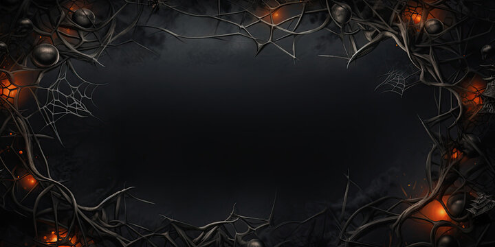 halloween frame, banner with thorns and spiderwebs on a dark background, copy space