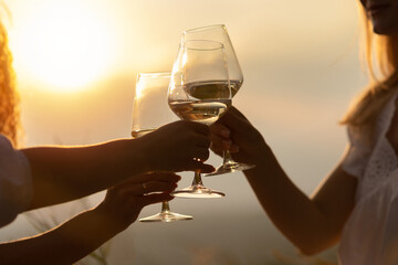 Clinking with wine glasses in beautiful background sunset. Hands of group of friends.	
