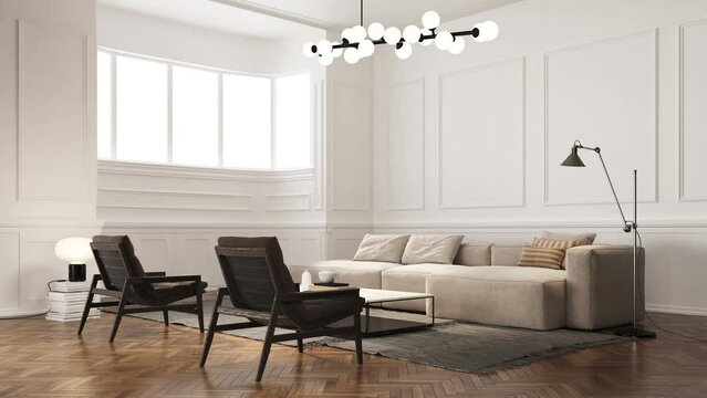 3d Render of modern livingroom with white classical walls and wood floor. Black carpet and ceiling lamp. Light sofa and black armchairs.