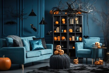 Blue toned living room interior with Halloween decorations. Background for Halloween