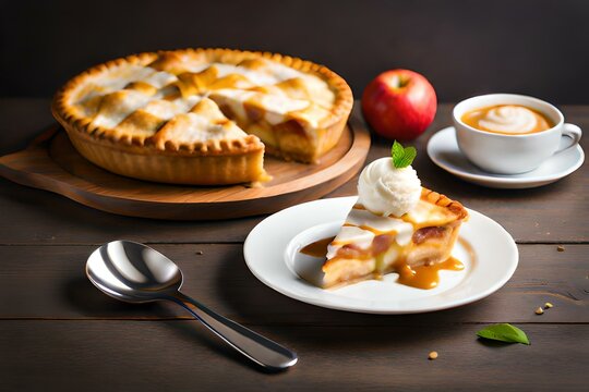  a classic and comforting apple pie meal concept, featuring a warm slice of apple pie served with a scoop of vanilla ice cream and a drizzle of caramel sauce | Generative AI