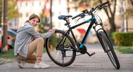 Young girl checking pressure of bike's tyres in the autumn park, smilling and looking into the...