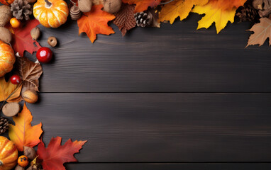 Naklejka na ściany i meble Autumn leaves on wooden background, generative ai