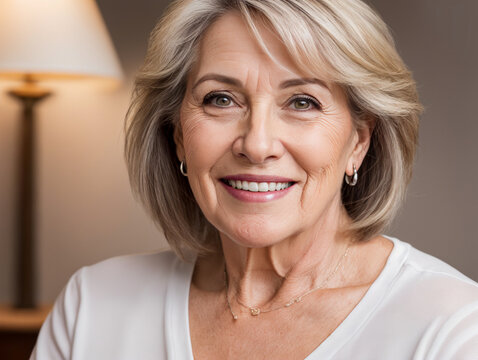 portrait of happy beautiful retired american woman with dental smile, modern, looking at camera, headshot portrait.