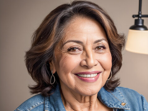 portrait of happy beautiful retired mexican woman with dental smile, modern, looking at camera, headshot portrait.