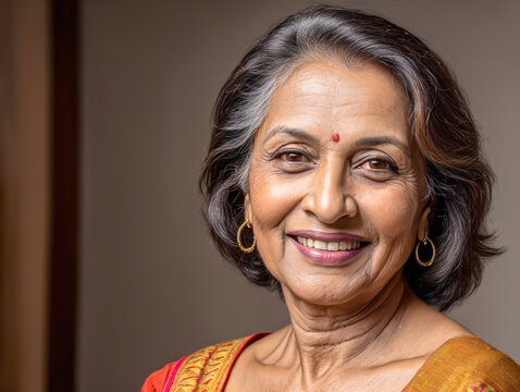 portrait of happy beautiful retired indian marathi woman with dental smile, wearing saree, looking at camera, headshot portrait.