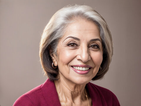 portrait of happy beautiful retired iranian woman with dental smile, modern look, looking at camera, headshot portrait.