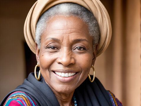 portrait of happy beautiful retired african woman with dental smile, traditional dress, looking at camera, headshot portrait.